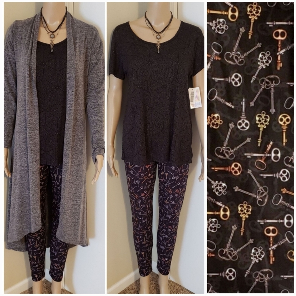 NWT 3Pc SET LuLaRoe S Top, CP Duster & CP Tween - OS 0-4  Skeleton Keys Leggings